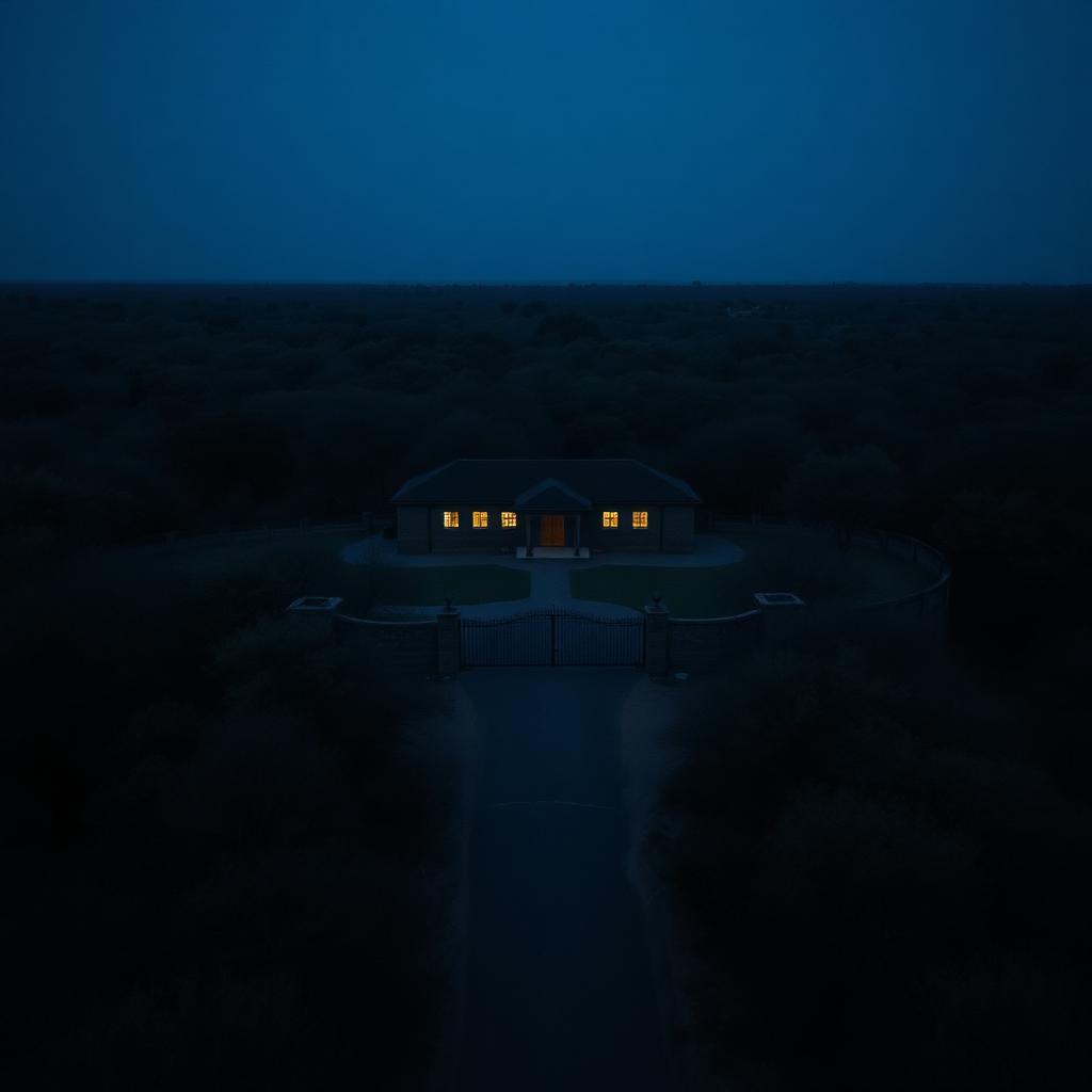 Aerial view of a gated estate at blue hour