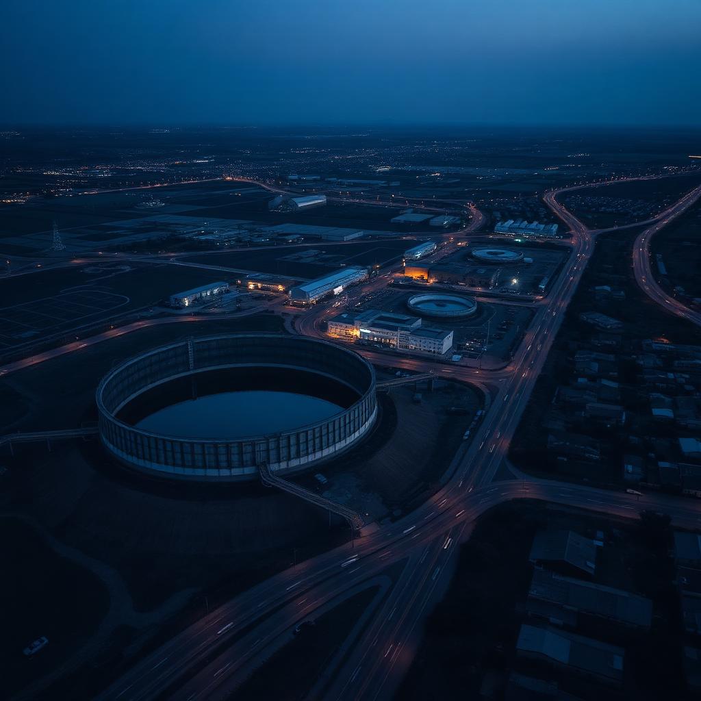 Aerial view of municipal water infrastructure at twilight