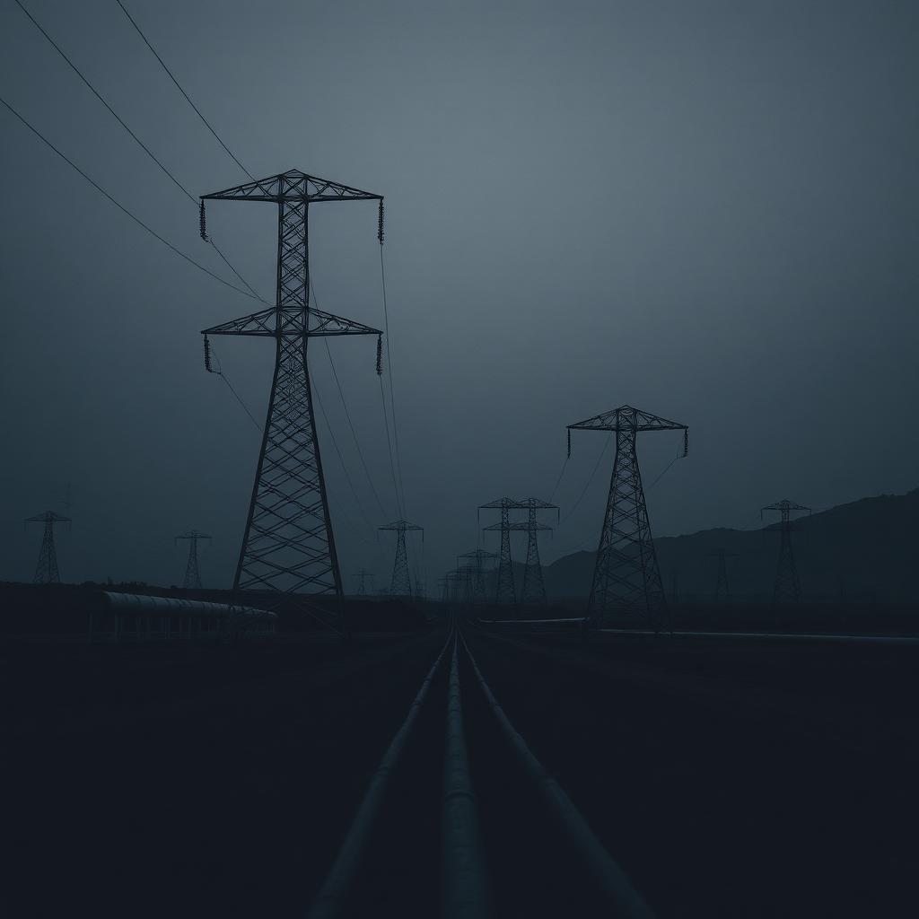 Electricity pylons and pipelines across a dry landscape